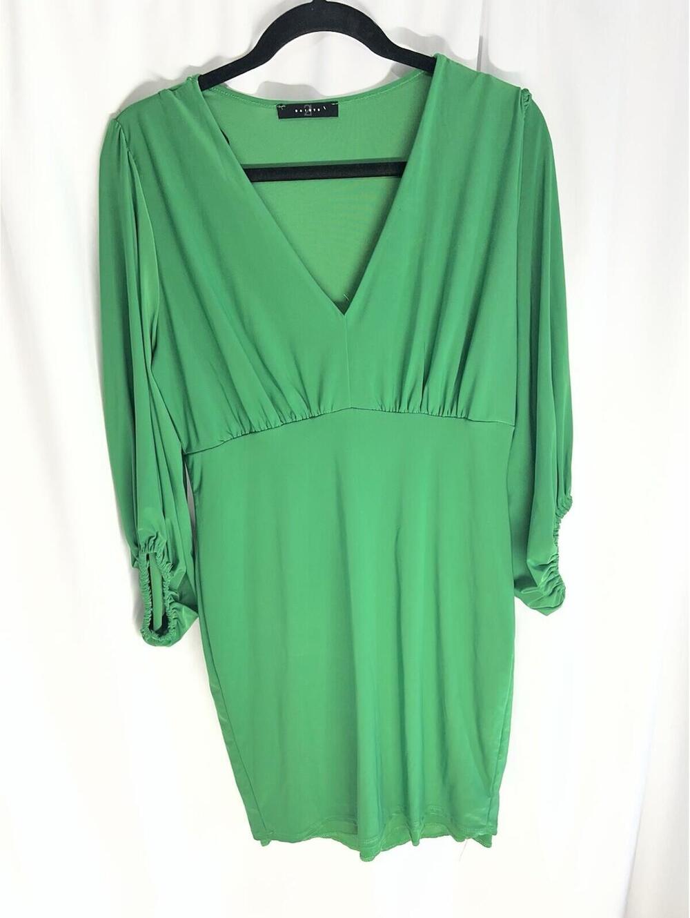 saints Green Solid V-Neck 3/4 Sleeve Ruched Stretch Knit Mini Dress Size 16
